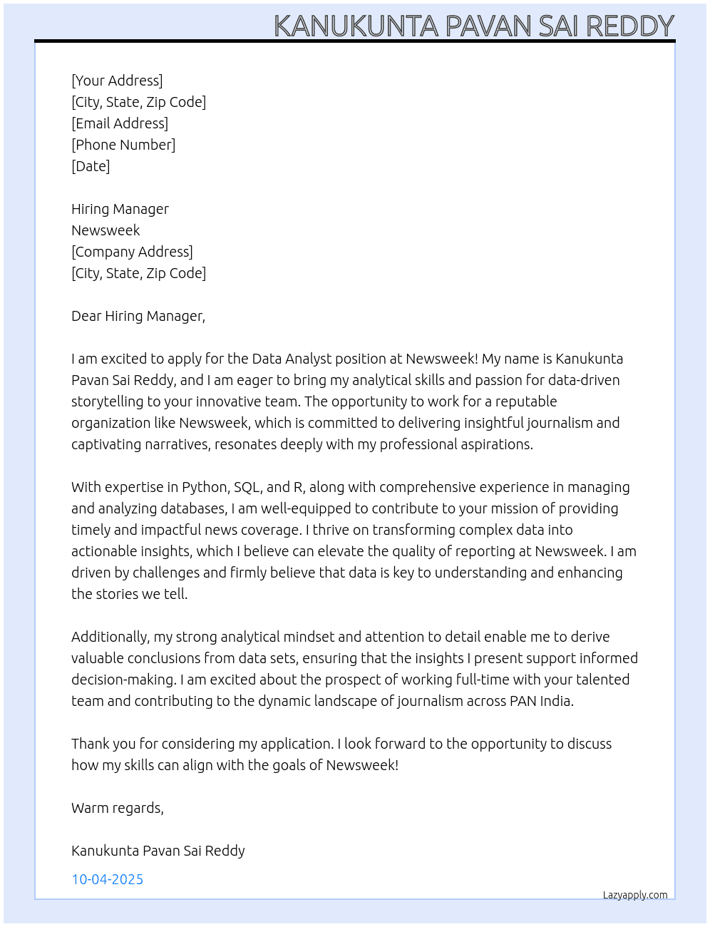 DATA ANALYST At NEWSWEEK Cover Letter