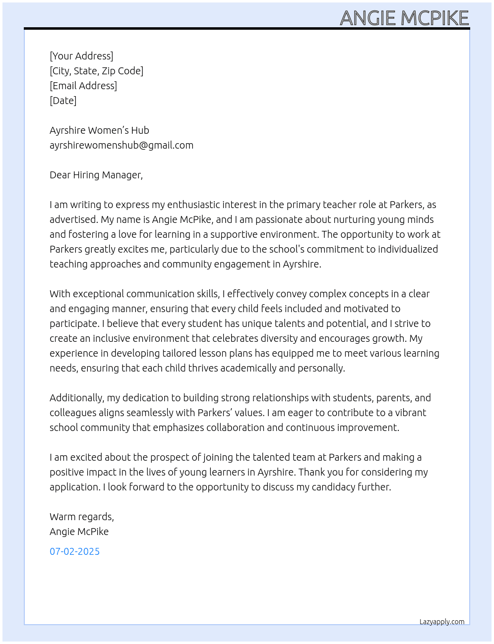 teacher At Parkers Cover Letter
