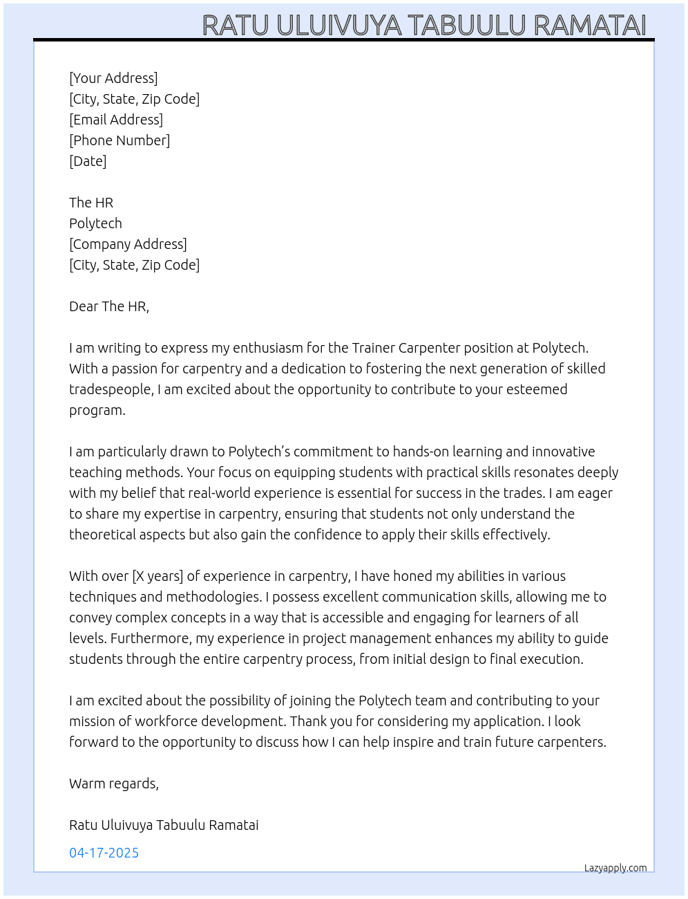 Trainer carpenter  At Polytech Cover Letter
