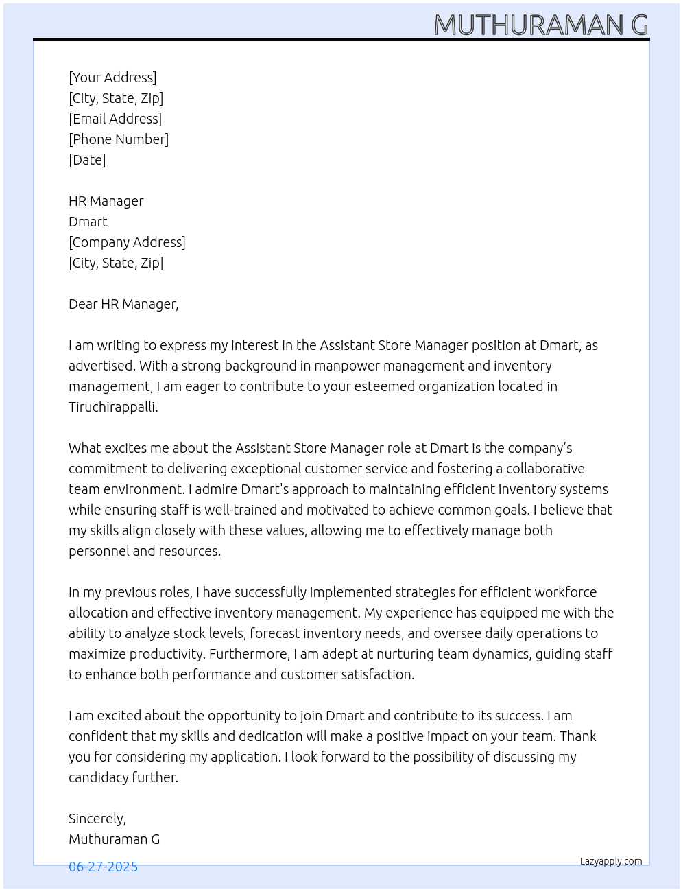 Assistant store manager At Dmart Cover Letter