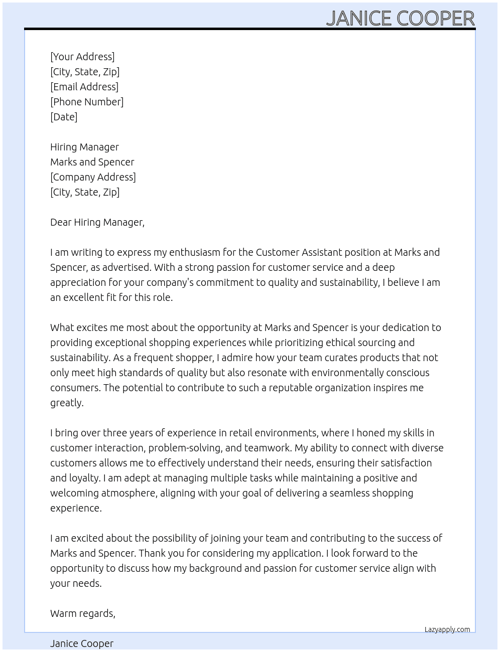 Customer assistant At Marks and spencer Cover Letter