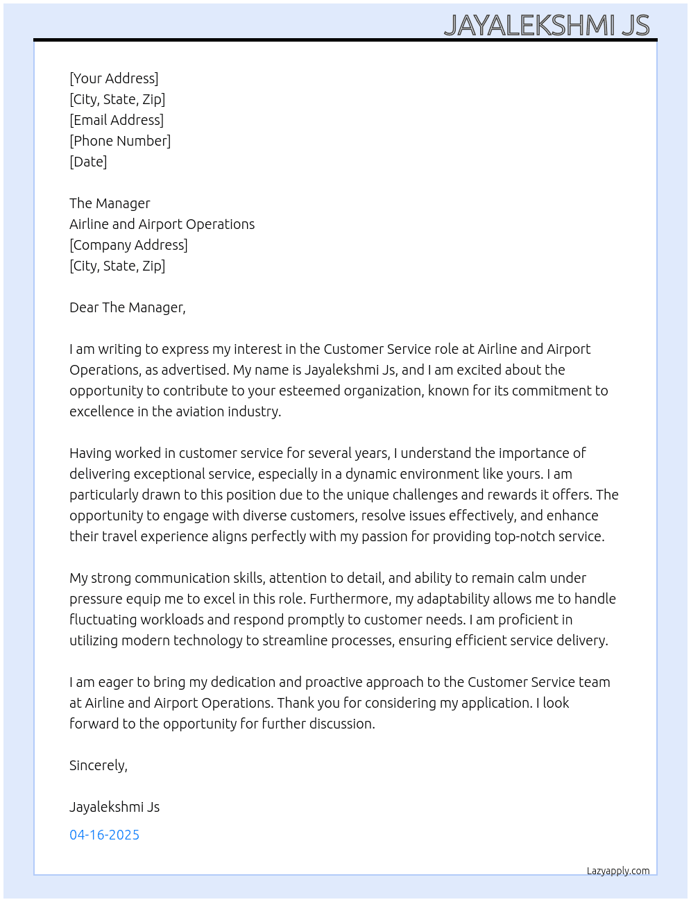 Customer Service Roles At Airline and Airport Operations  Cover Letter