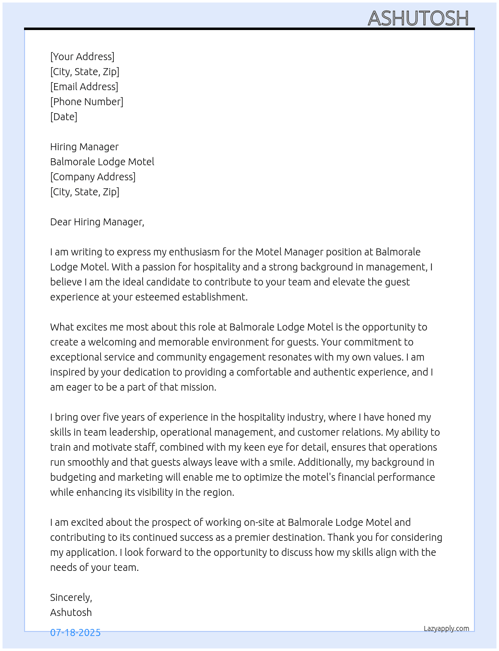 Motel Manager  At Balmorale Lodge Motel Cover Letter