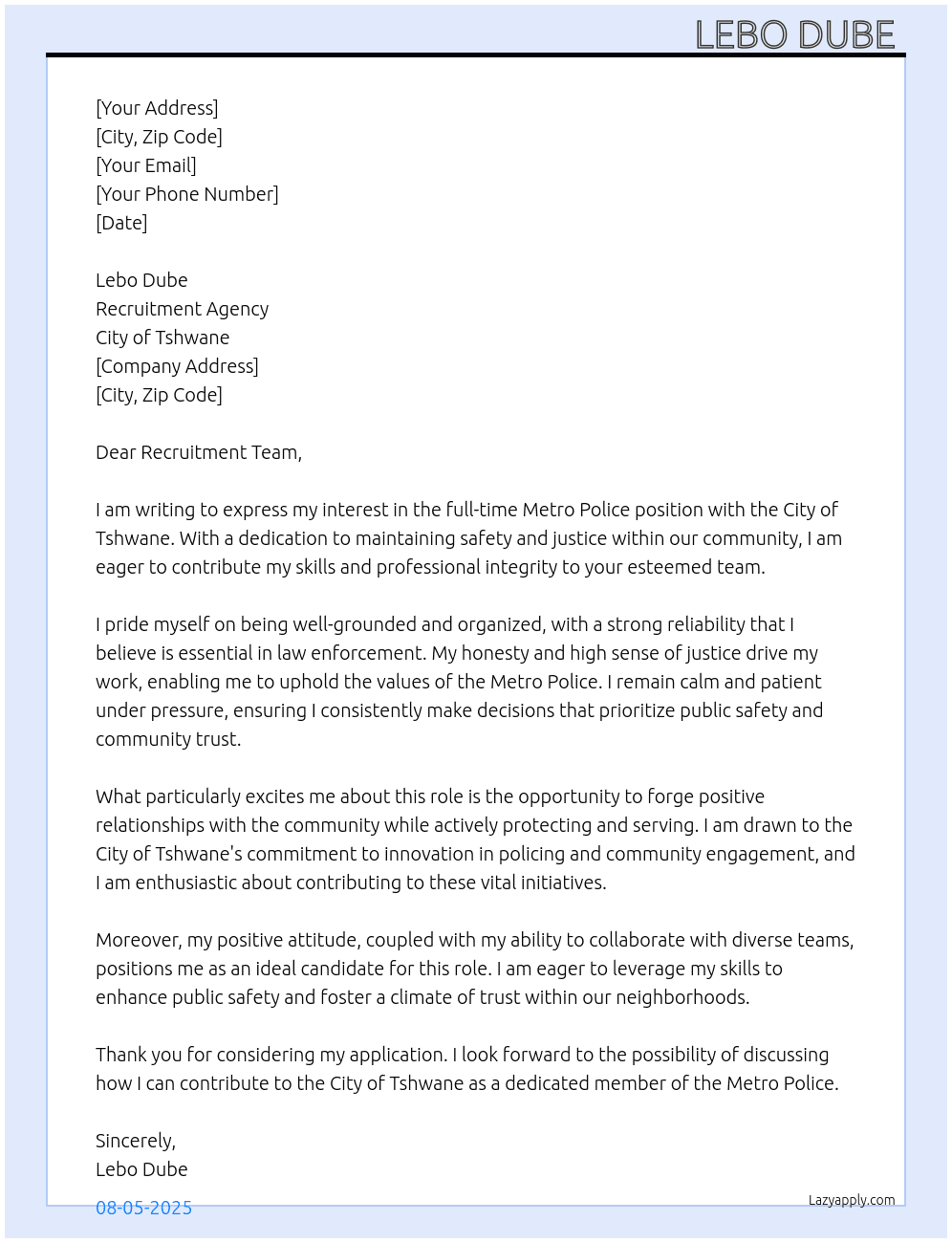 Metro police  At City of Tshwane  Cover Letter