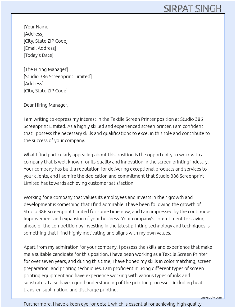 Textile Screen Printer At Studio 386 Screenprint limited Cover Letter