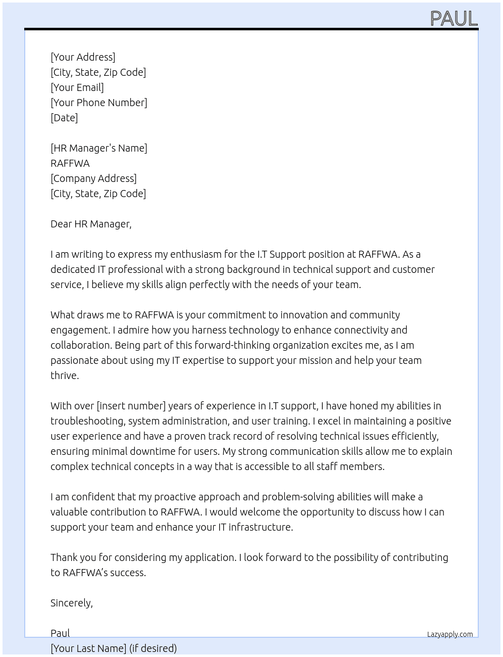 I.T Support At RAFFWA Cover Letter