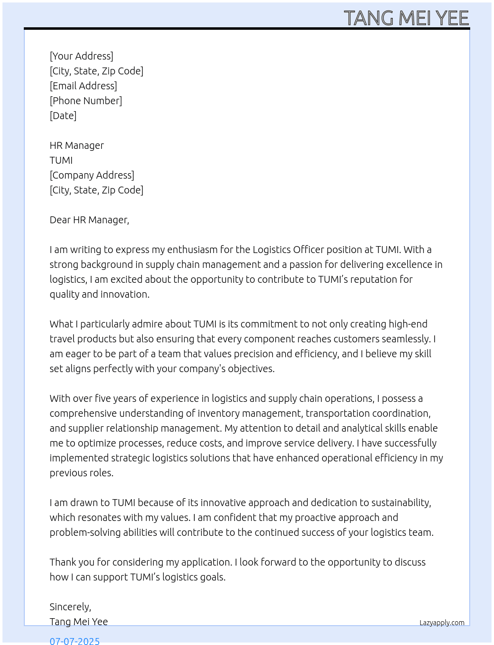 Logistics Officer At TUMI Cover Letter