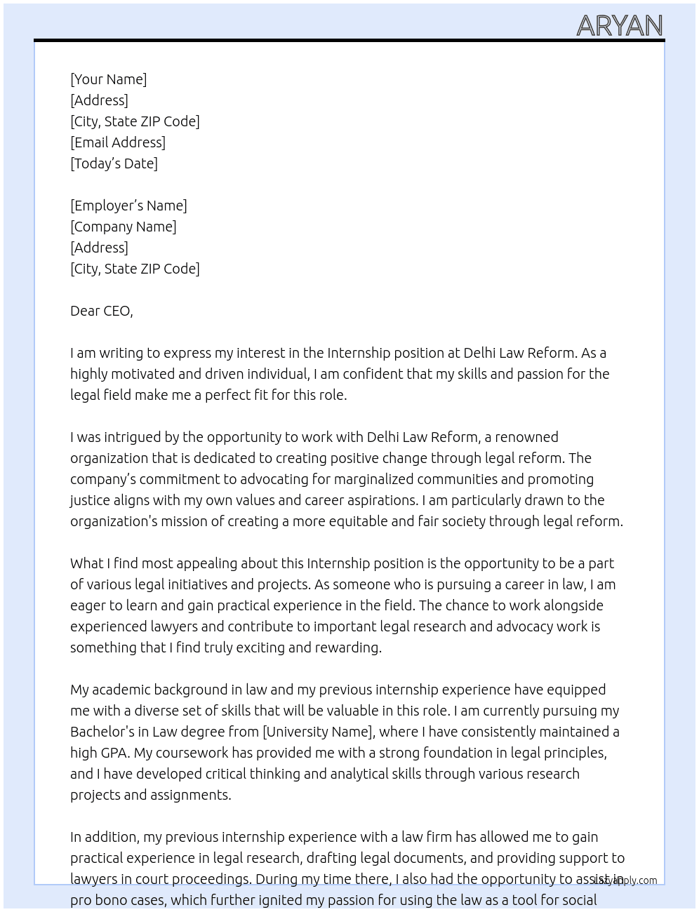Internship At Delhi law reform Cover Letter