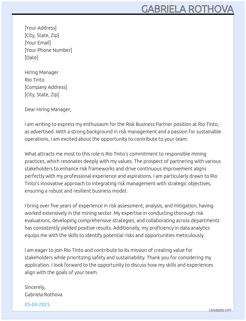 Risk Business Partner At Rio Tinto Cover Letter