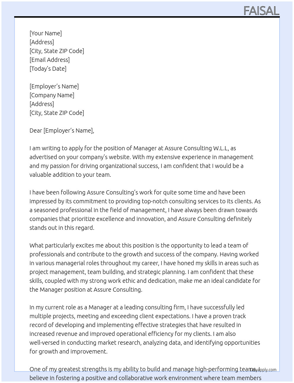 Manager At Assure Consulting W.L.L Cover Letter