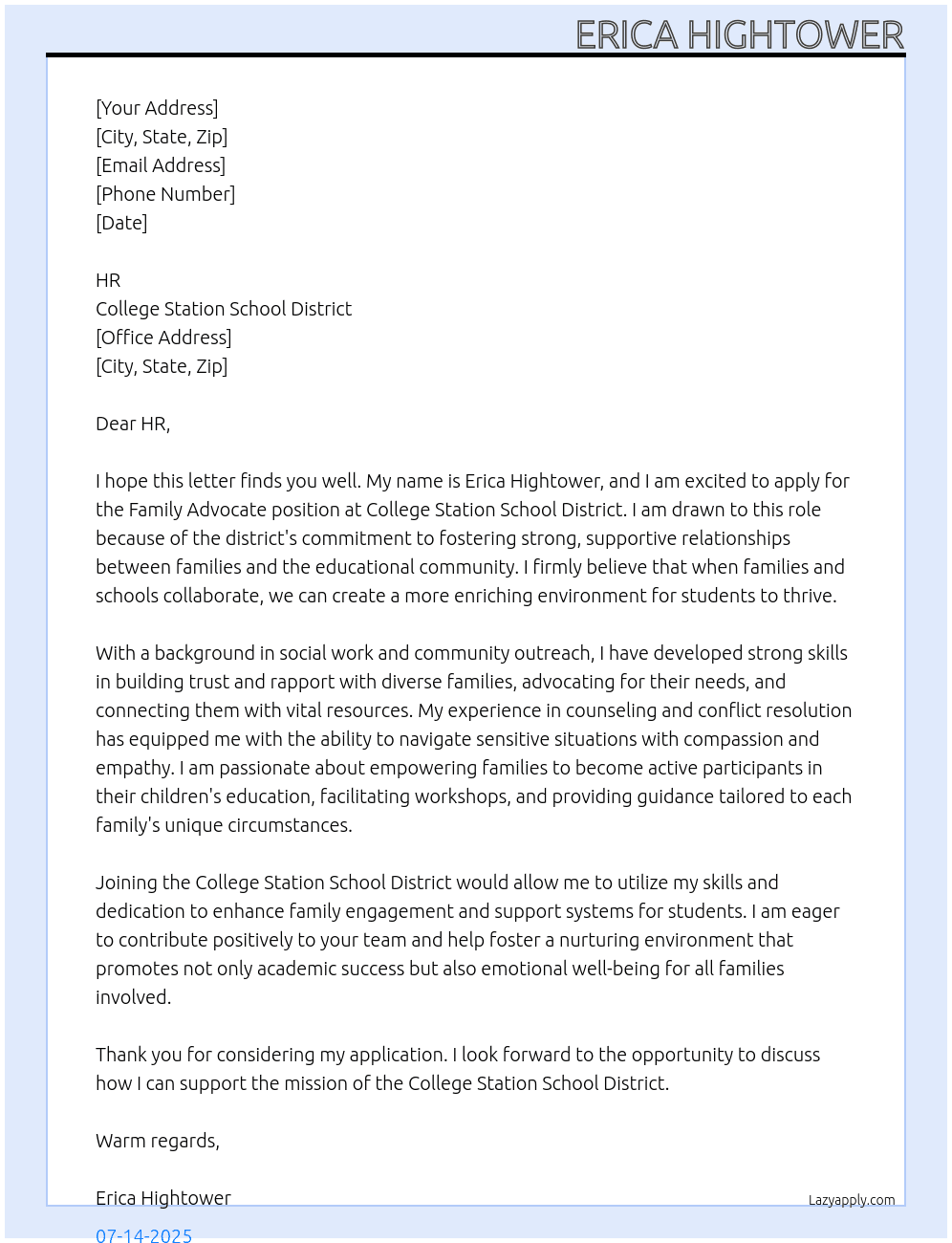 Family Advocate At College Station School District Cover Letter