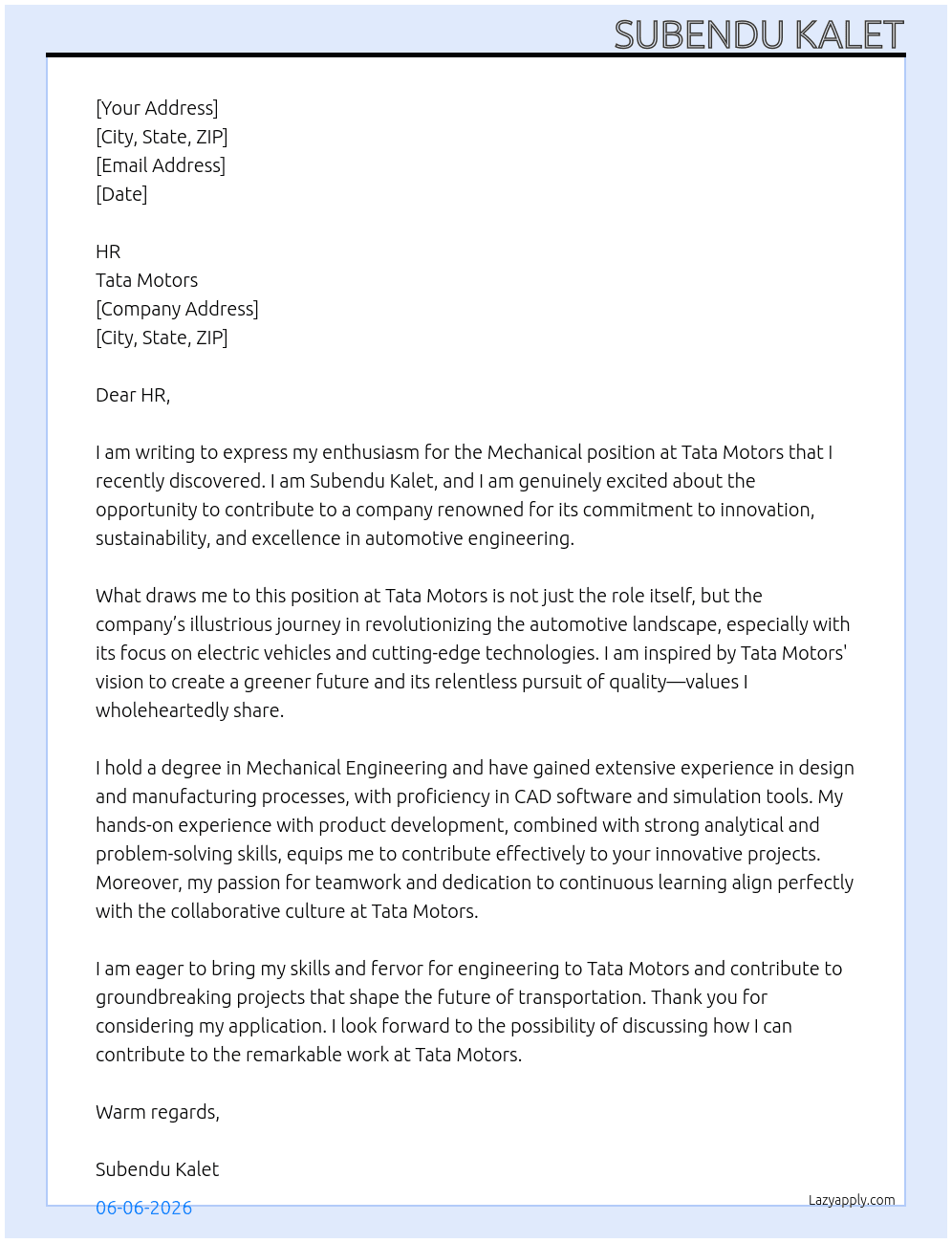 Cover letter for mechanical - LazyApply