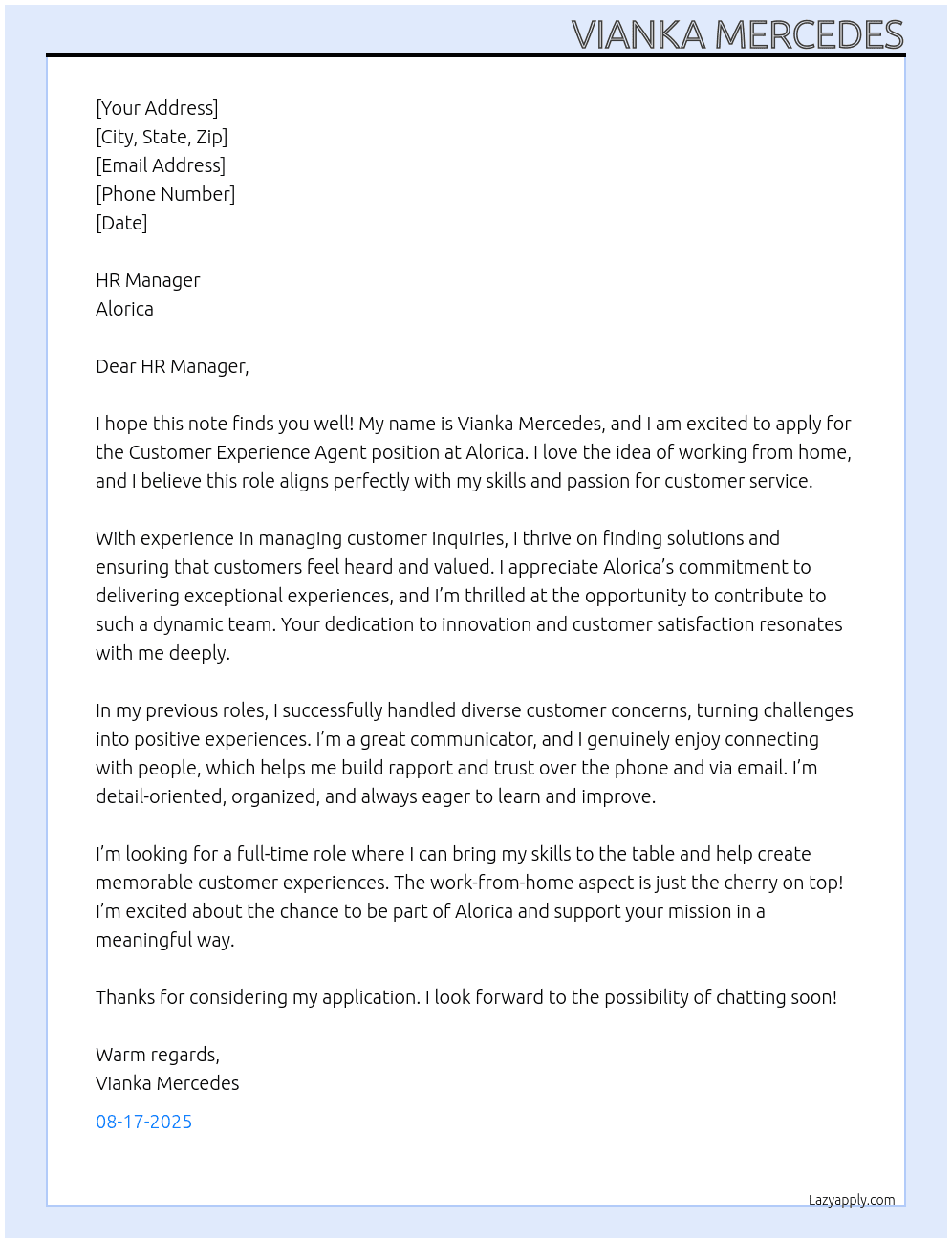 Cover letter for customer experience agent work at home - LazyApply