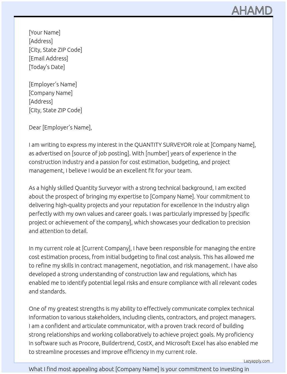 QUANTITY SURVEYOR At X Cover Letter