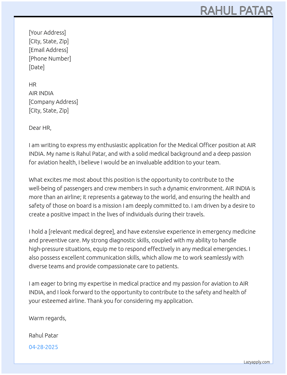 Medical Officer  At AIR INDIA  Cover Letter