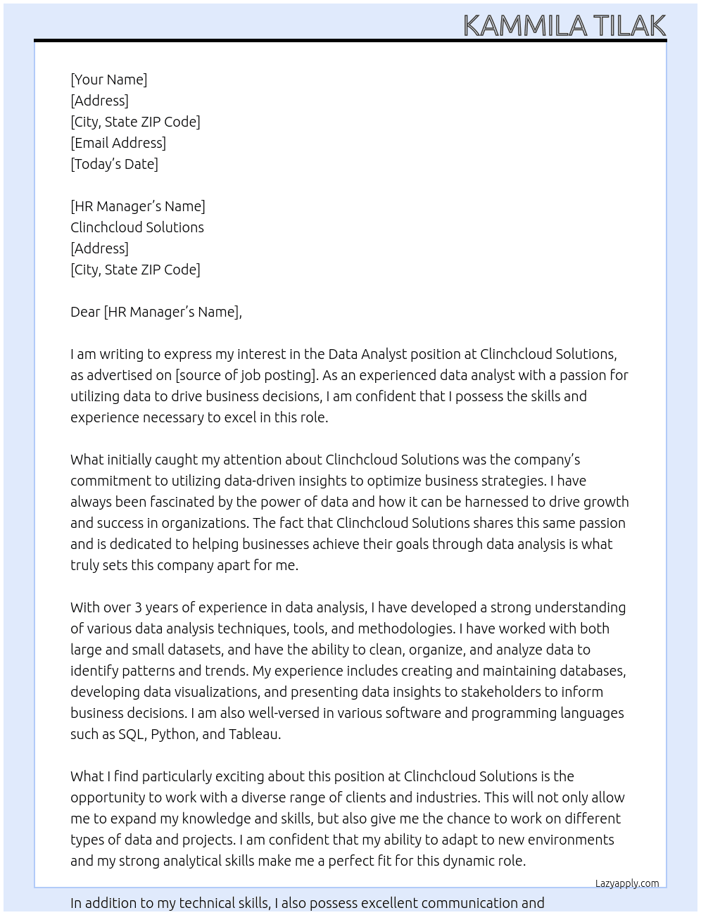 Data Analyst At Clinchcloud Solutions Cover Letter