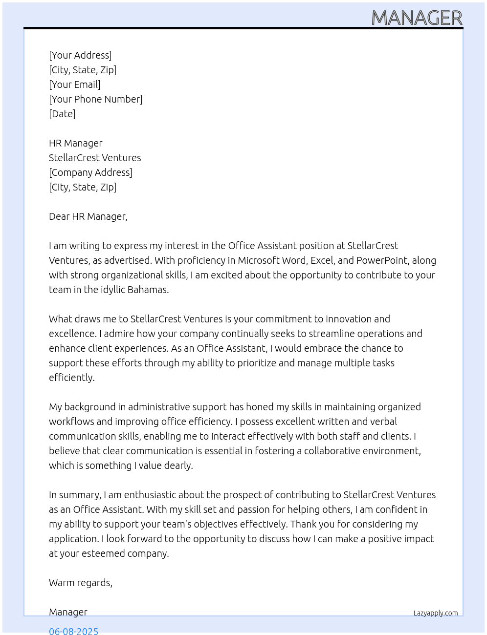 Office Assistant  At StellarCrest Ventures Cover Letter