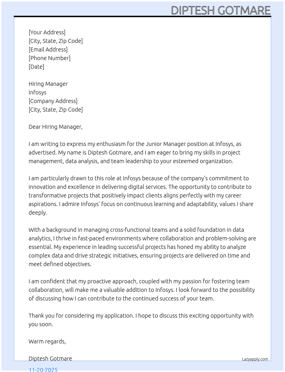 Cover letter for junior manger - LazyApply