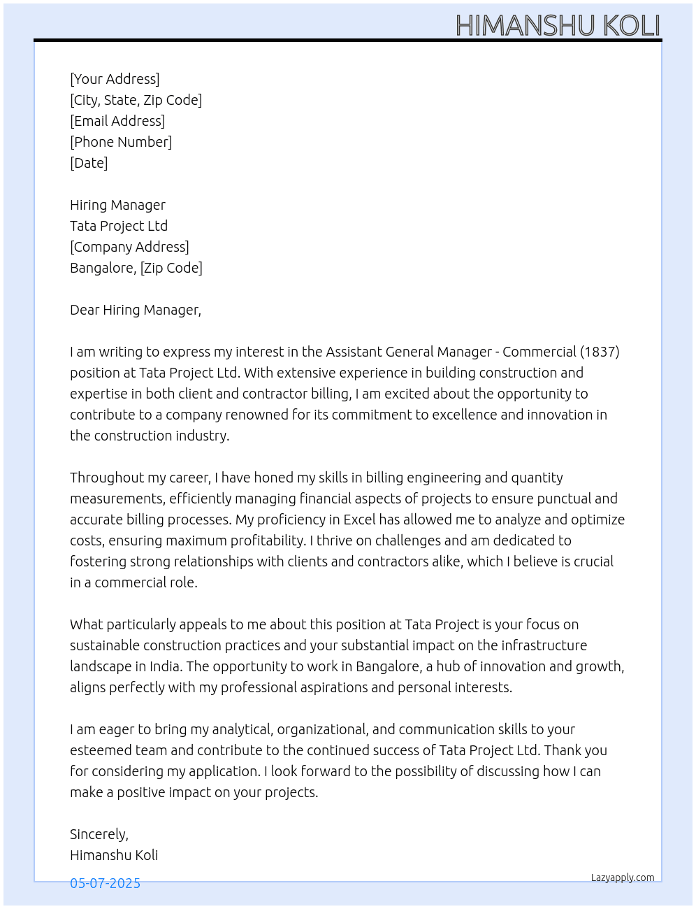Assistant General Manager - Commercial (1837) At Tata Project Cover Letter