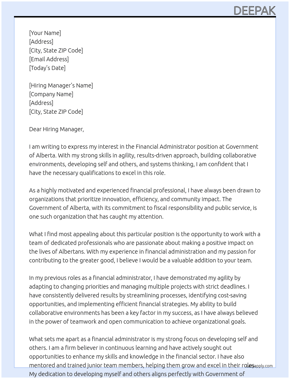 Financial Administrator  At Government of Alberta Cover Letter