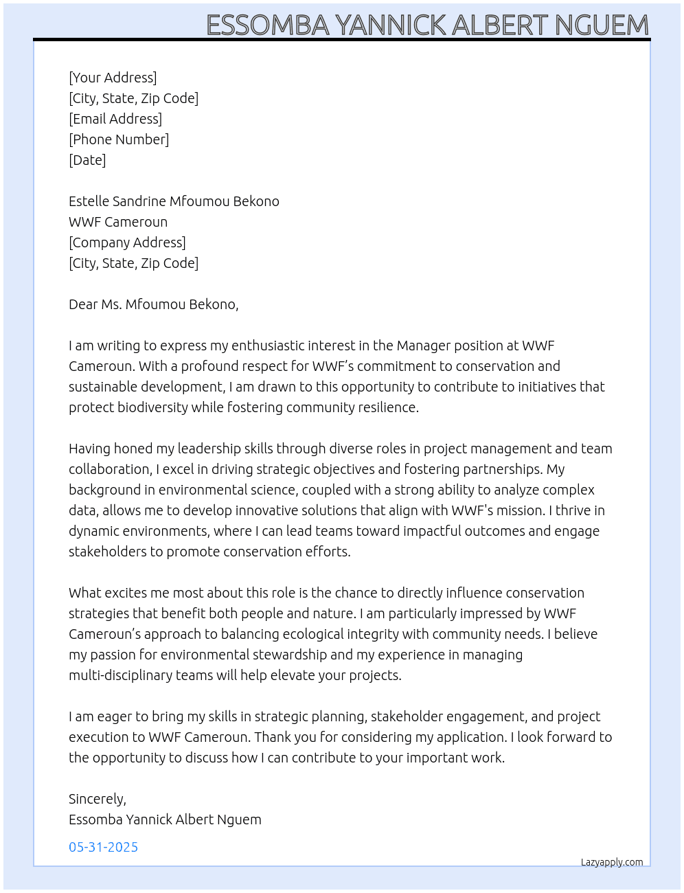 MANAGER At wwf cameroun Cover Letter