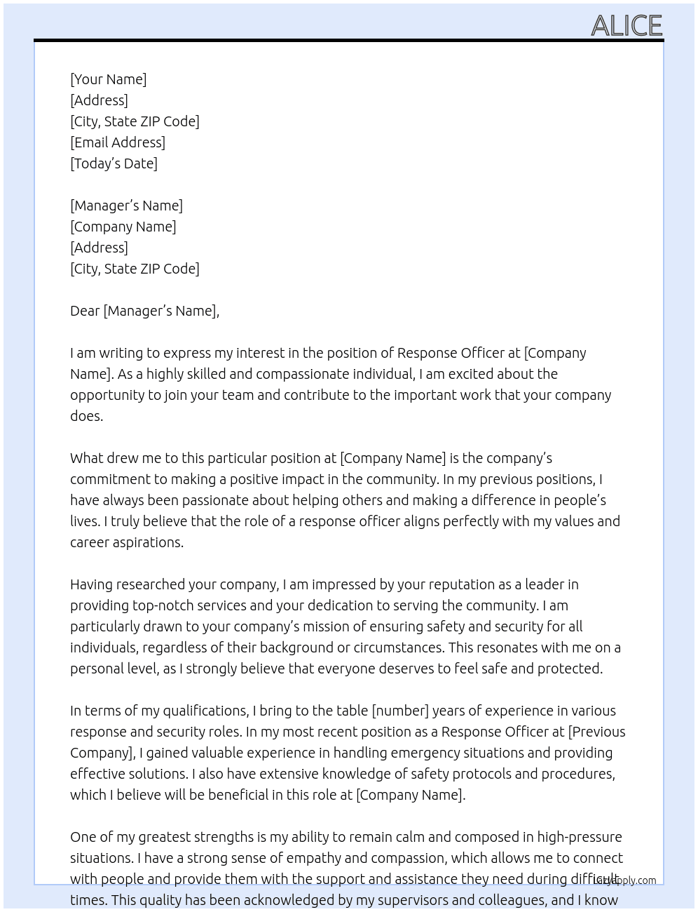 Cover letter for response officer - LazyApply