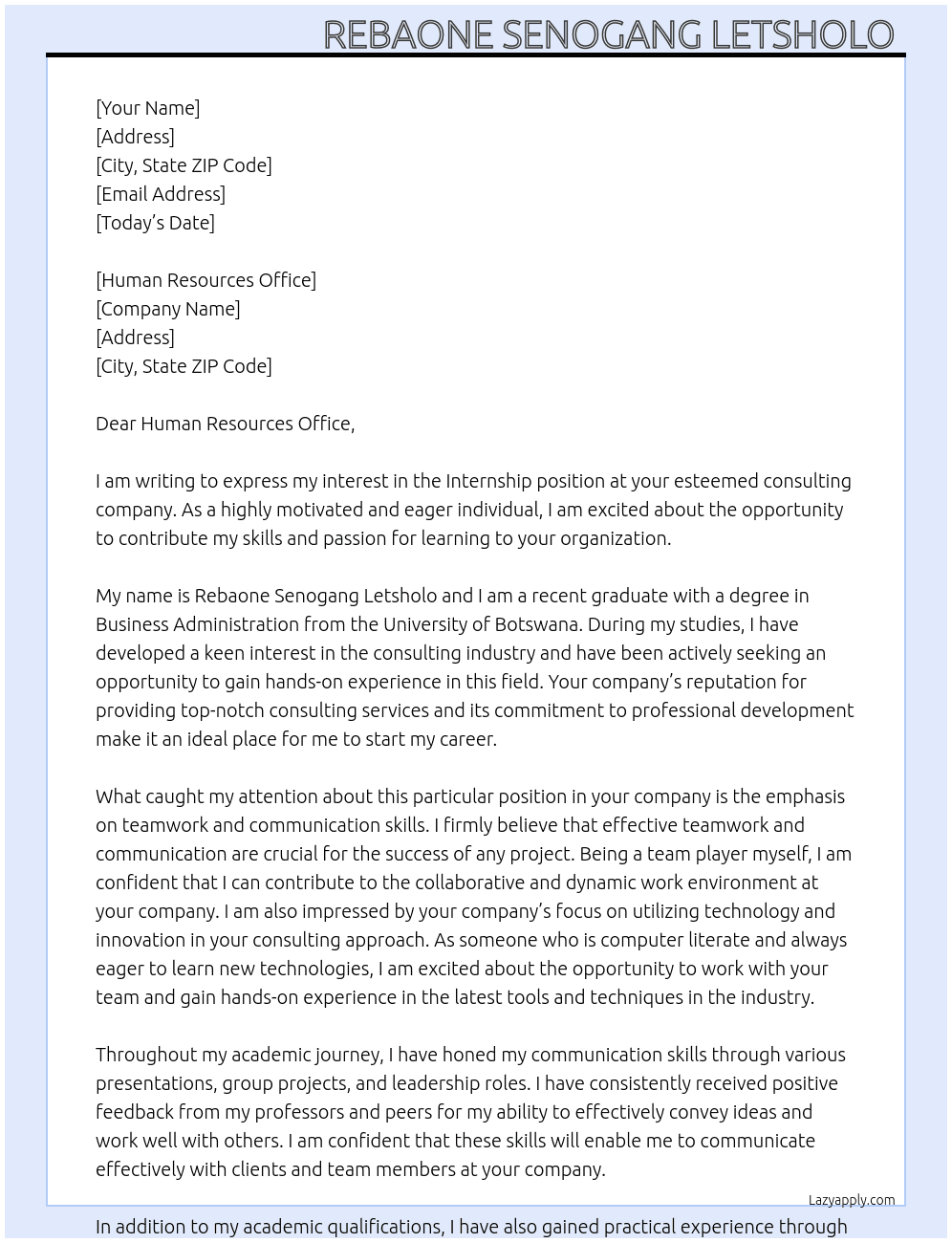 Internship  At Consulting company Cover Letter