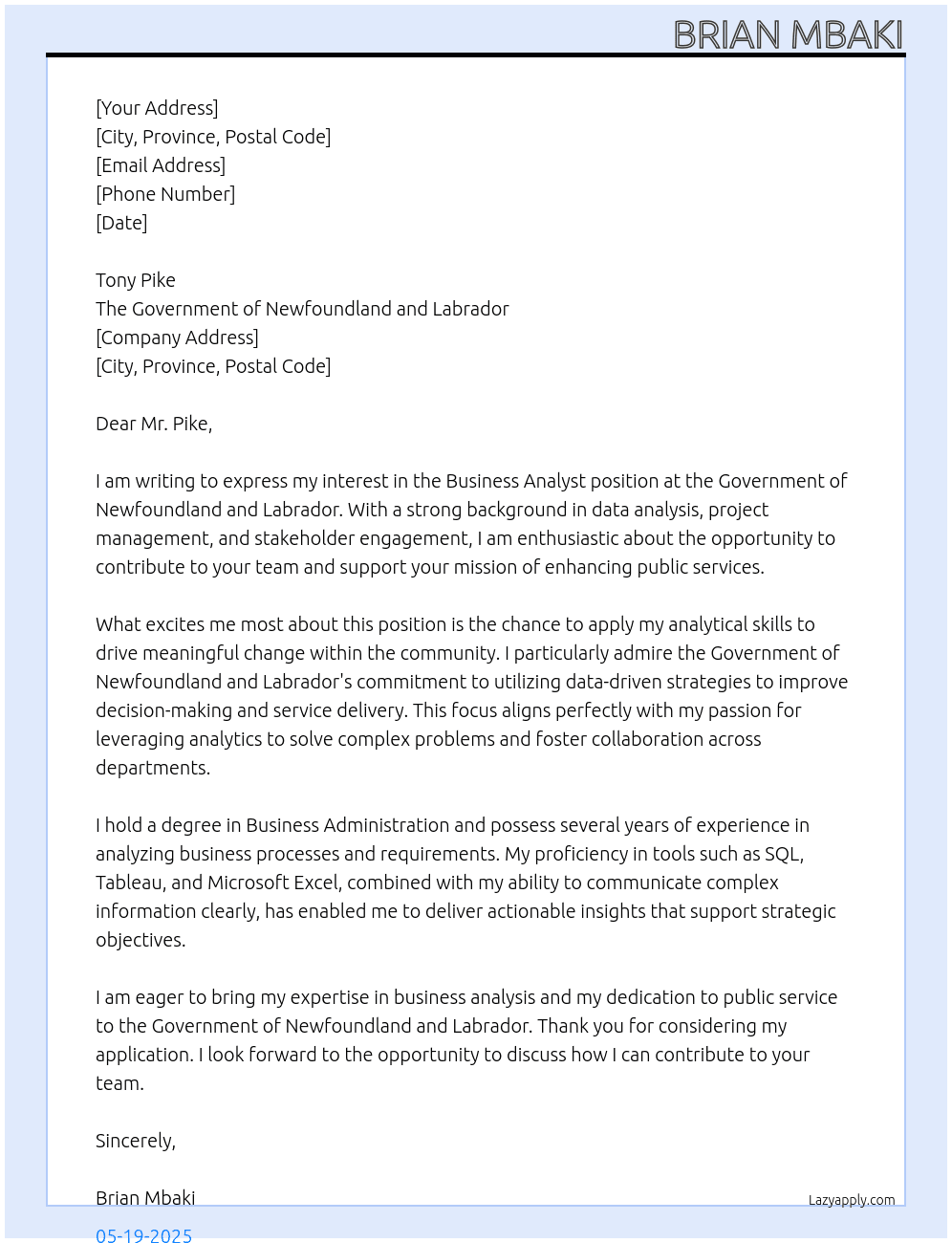 Business Analyst  At The Government of Newfoundland and Labrador Cover Letter