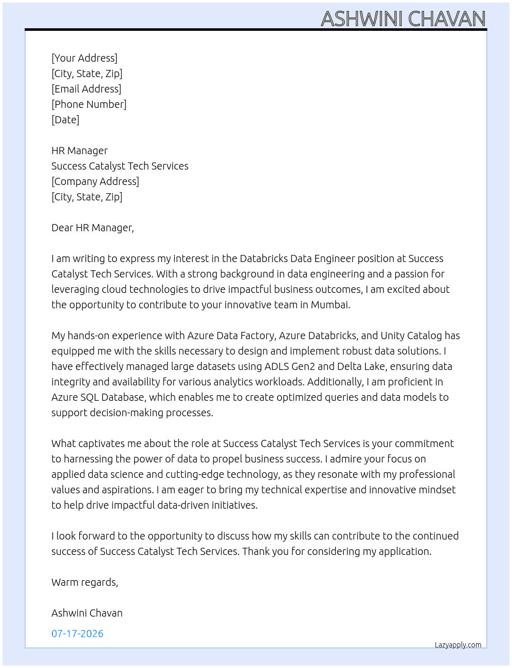 Databricks Data Engineer At Success Catalyst Tech Services Cover Letter