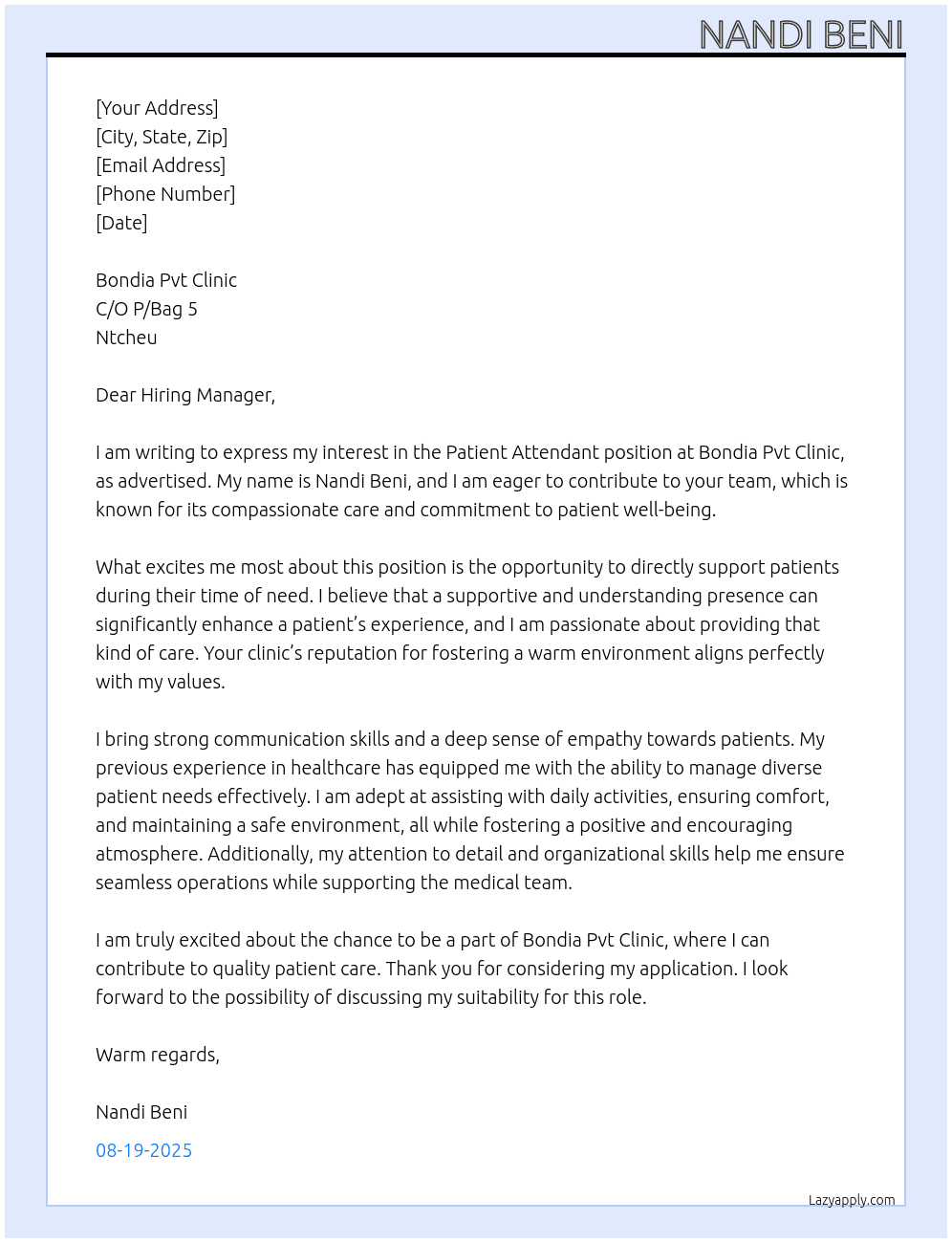 Patient Attendant  At Bondia Pvt Clinic  Cover Letter