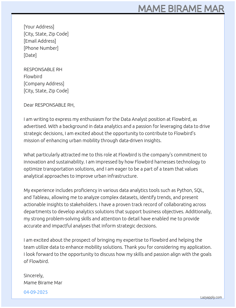 DATA ANALYST At FLOWBIRD Cover Letter