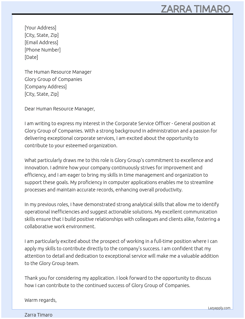 Corporate Service Officer - General  At Glory Group of Companies  Cover Letter
