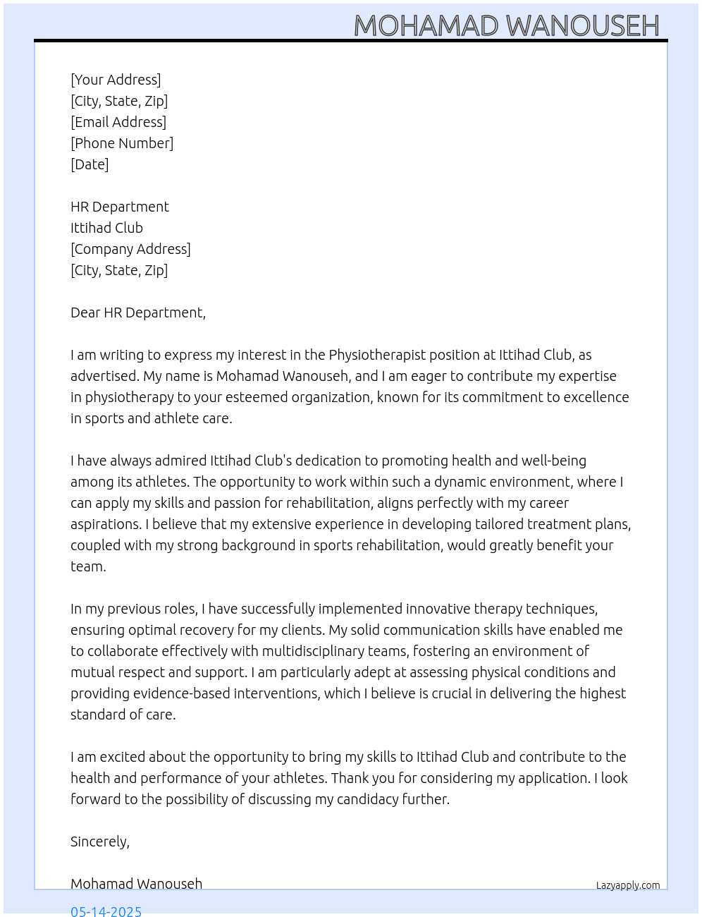 Physiotherapist  At Ittihad Club Cover Letter