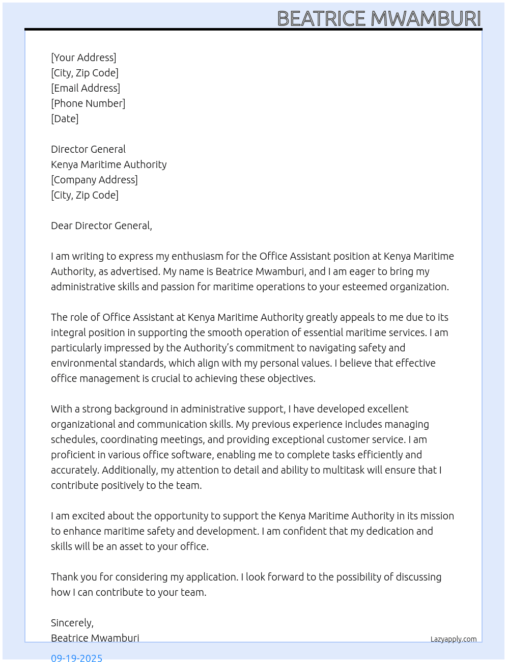 Office Assistant At Kenya Maritime Authority Cover Letter
