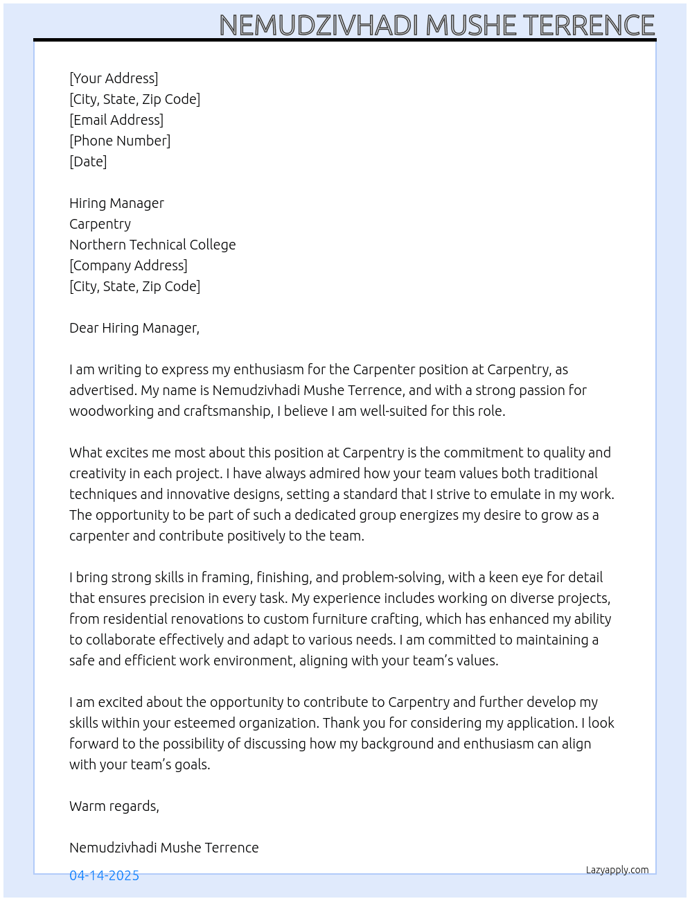 Carpenter At Carpentry Cover Letter