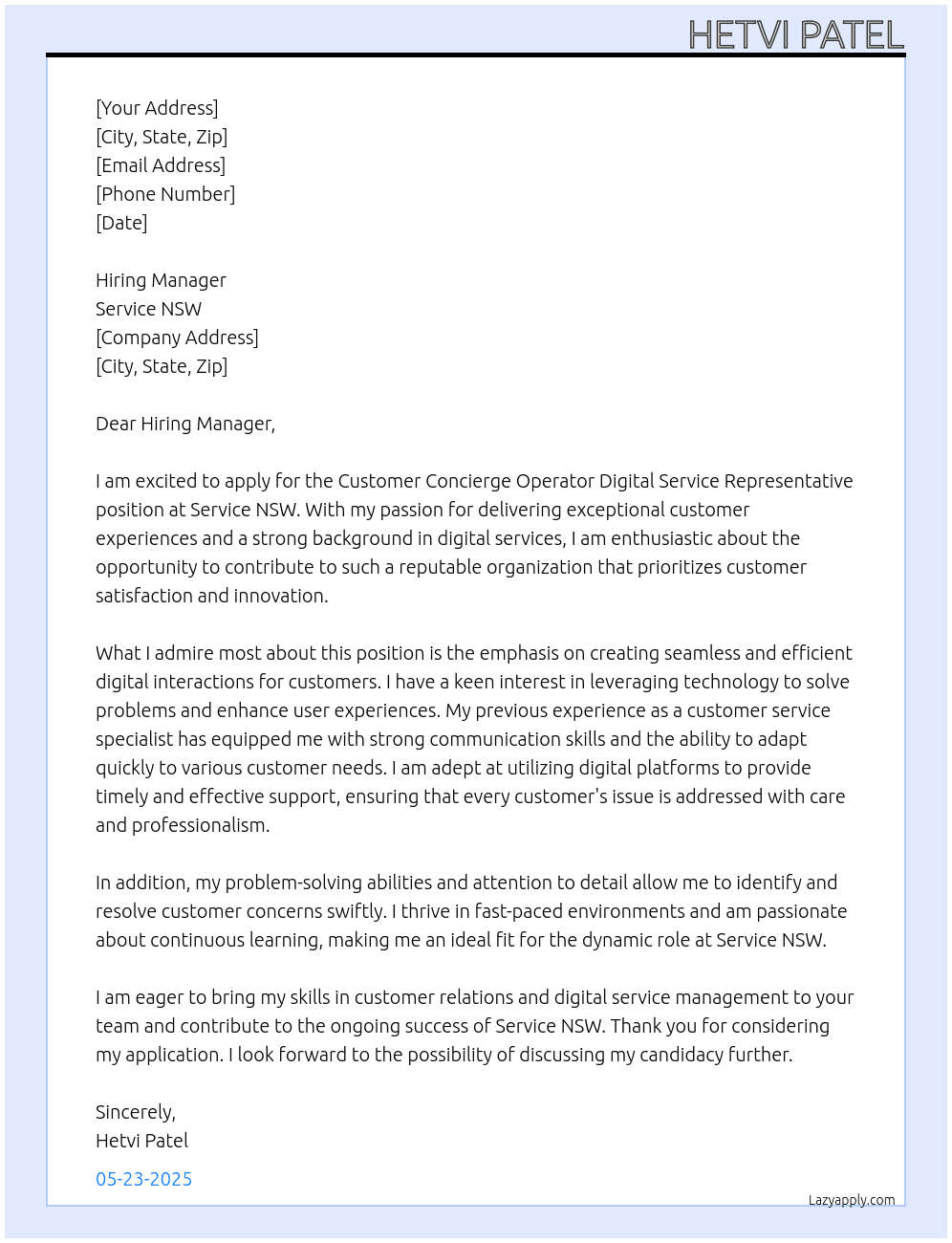 Customer Concierge Operator Digital Service Representative At Service NSW Cover Letter