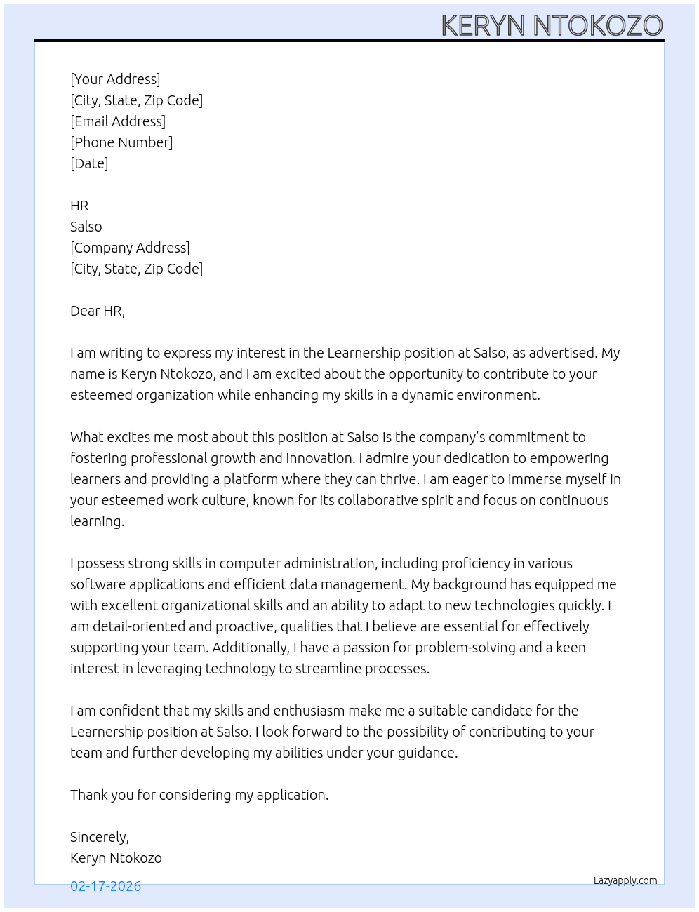 learnership At salso Cover Letter