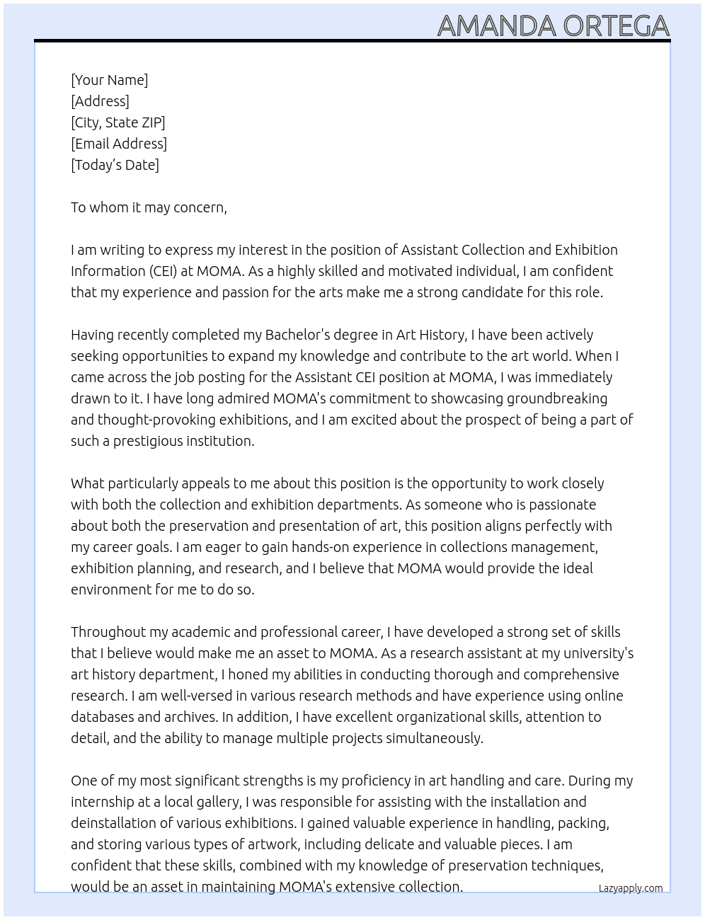Assistant  Collection and Exhibition Information (CEI) At MOMA Cover Letter