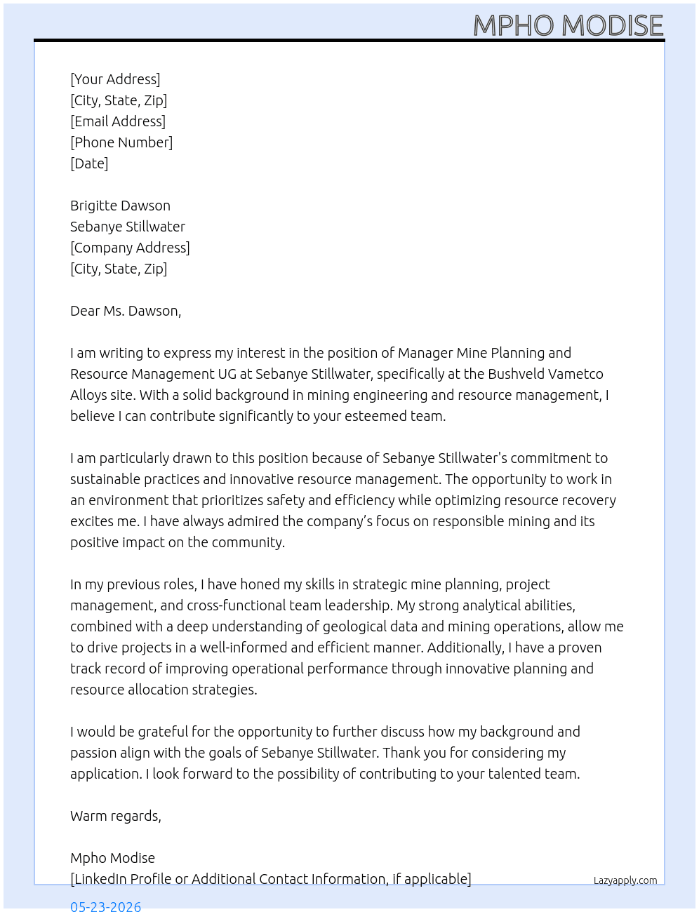 Cover letter for manager mine planning and resource management ug - LazyApply
