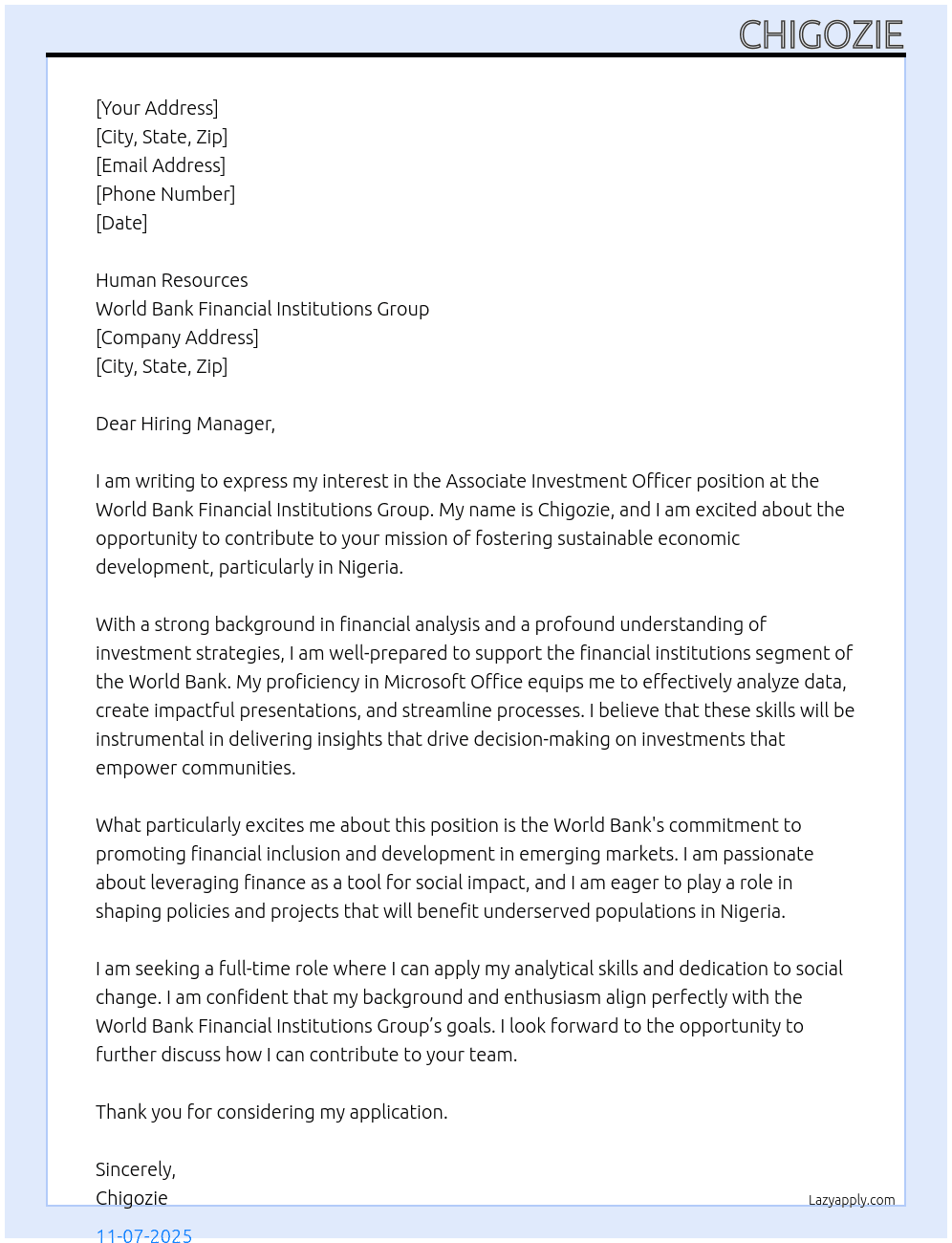 (Associate) Investment Officer At World Bank Financial Institutions Group Cover Letter