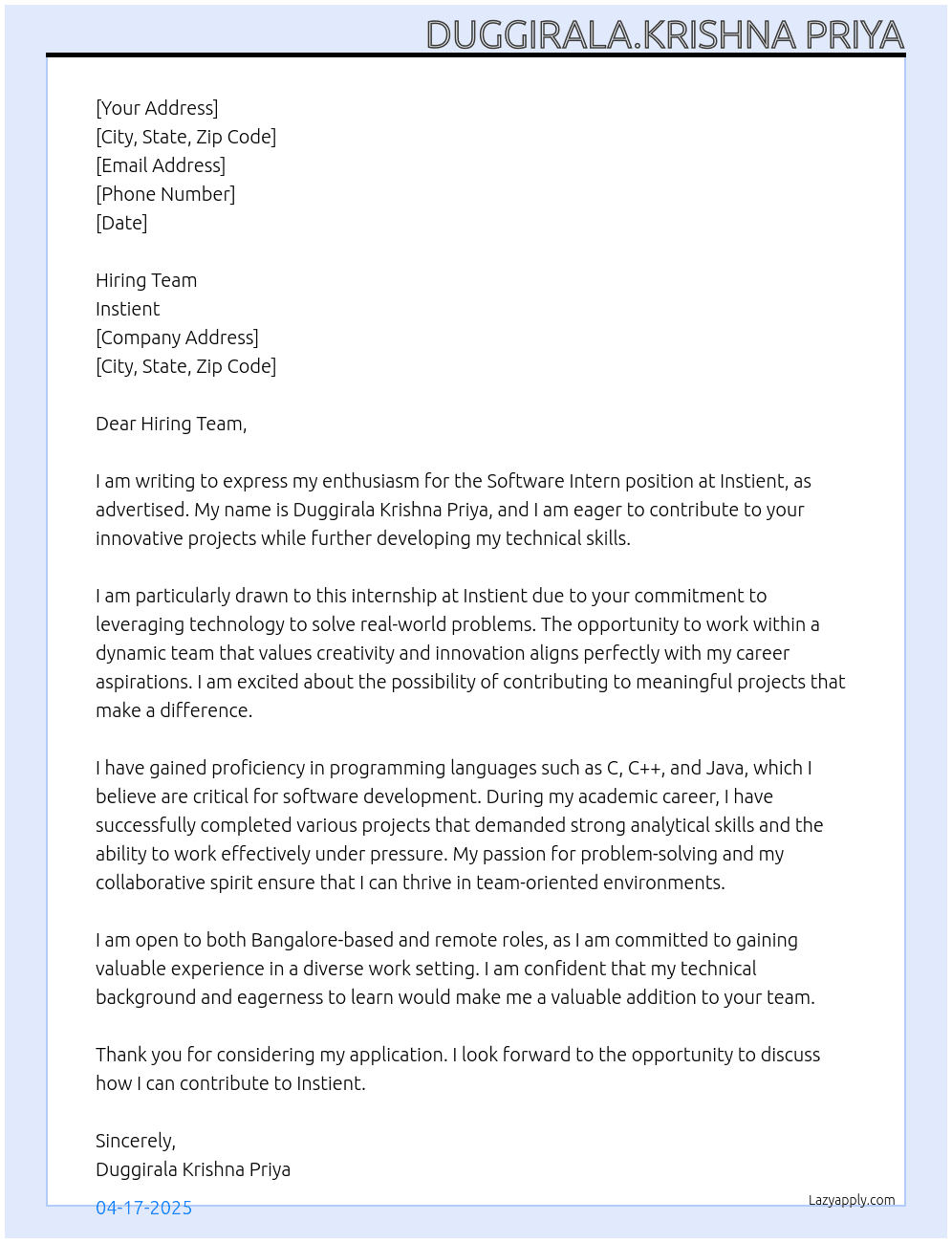 Software intern At Instient Cover Letter