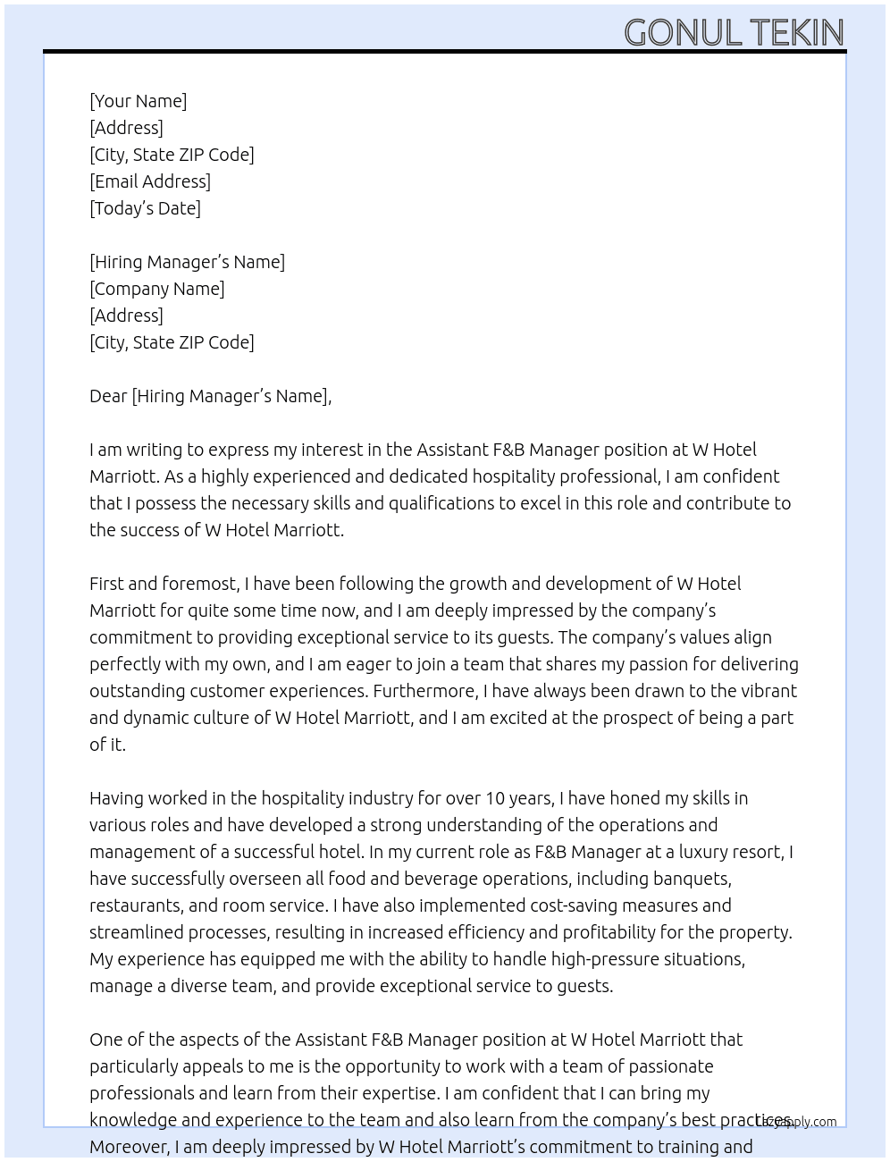 Assistant F&b manager At W hotel Marriott  Cover Letter