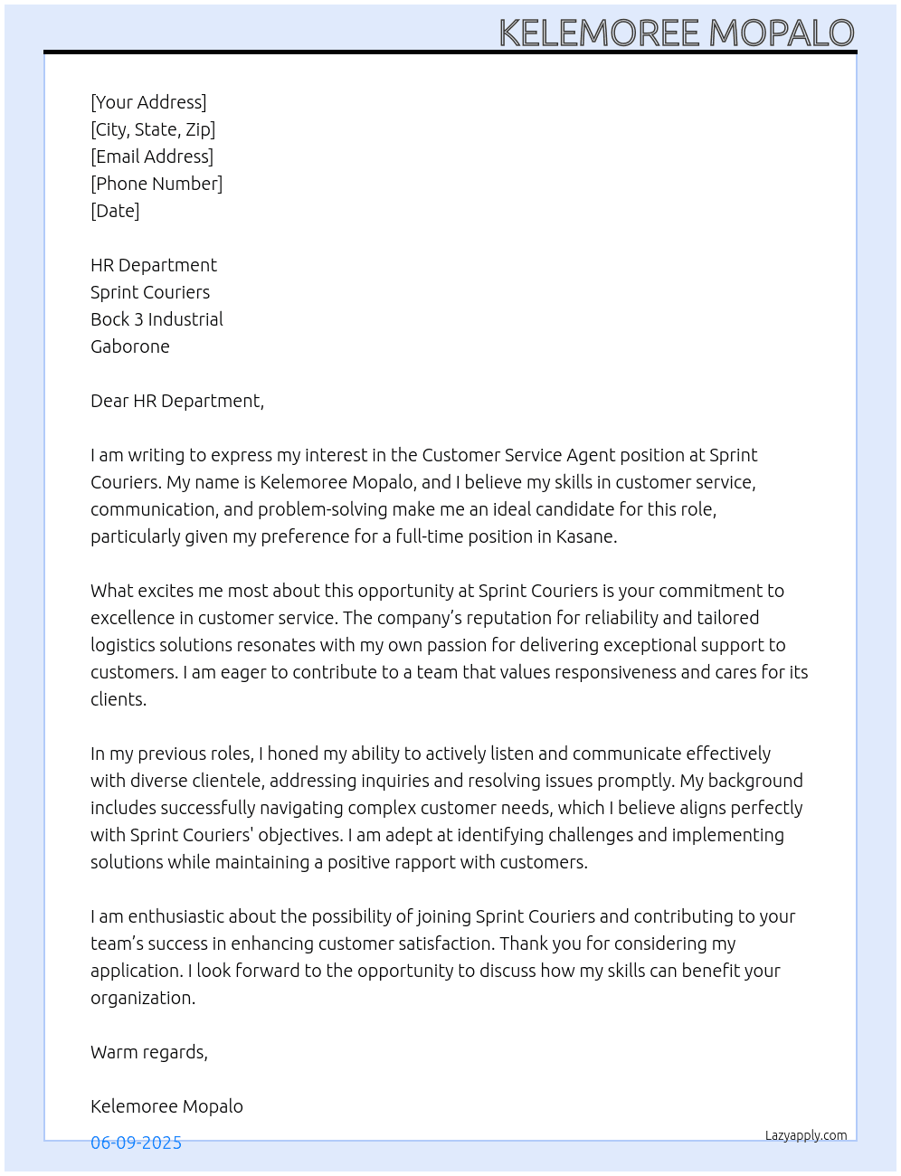 Customer Service Agent At Sprint Couriers, Bock 3 Industrial, Gaborone Cover Letter