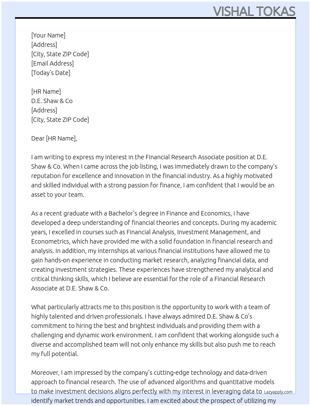 Cover letter for financial research associate - LazyApply