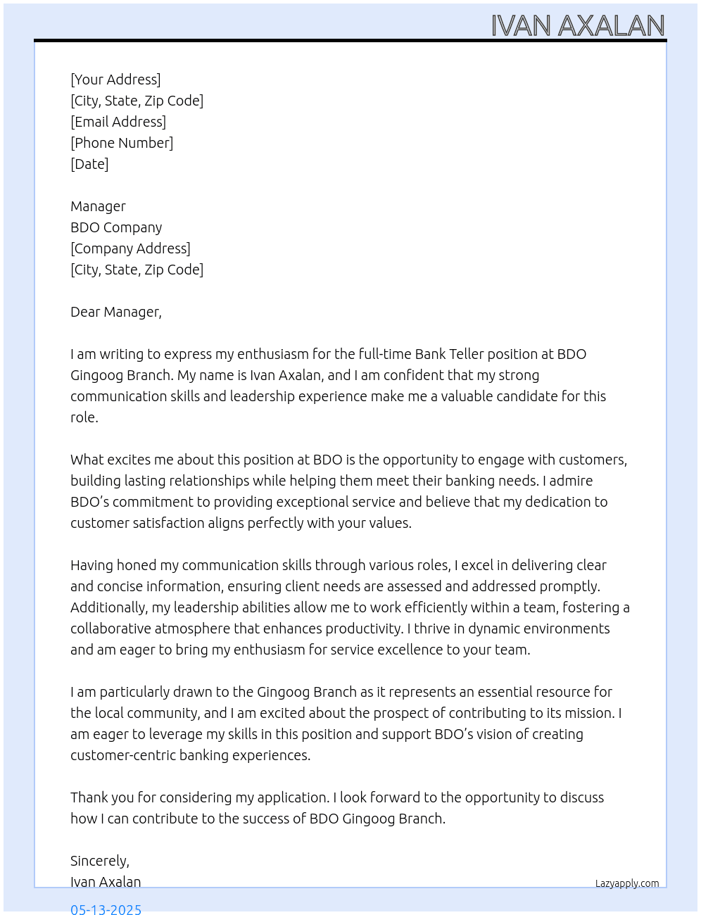 Bank teller At BDO Company Cover Letter