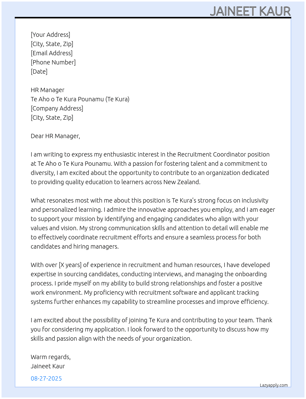 Cover letter for recruitment coordinator - LazyApply