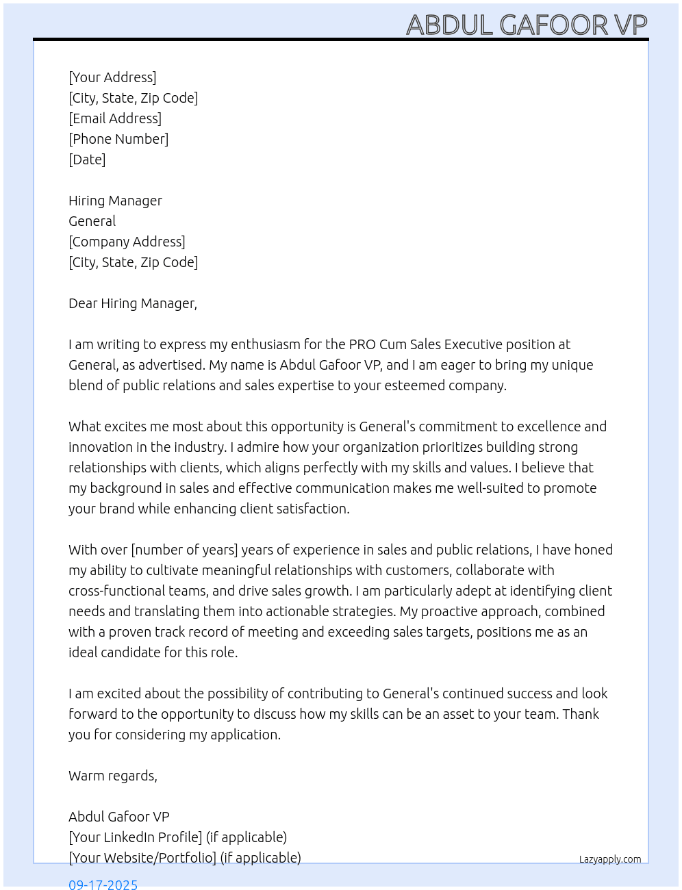 PRO Cum Sales Executive At General Cover Letter