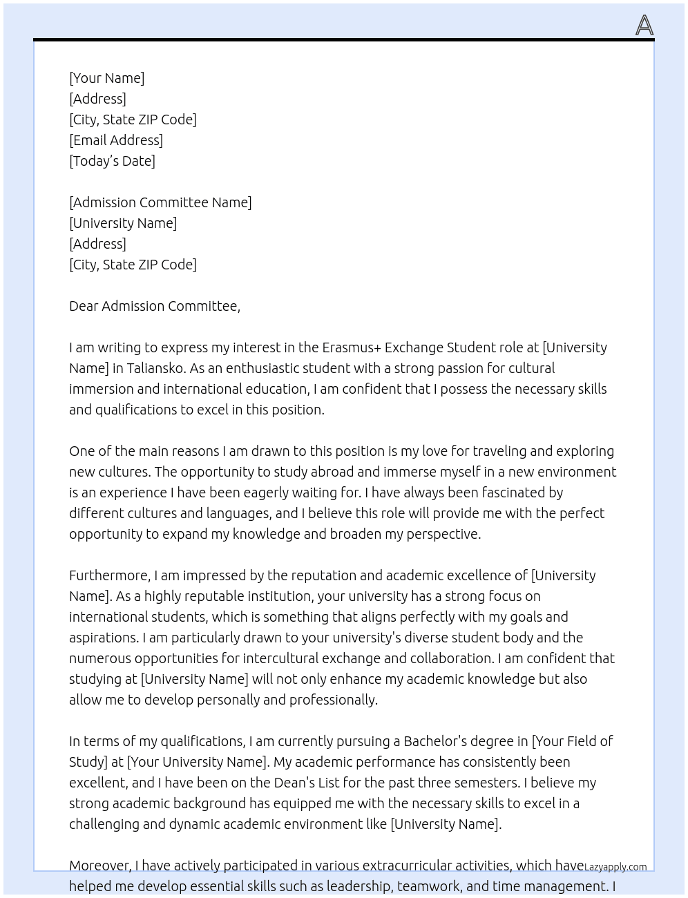 Cover letter for erasmus+ - LazyApply