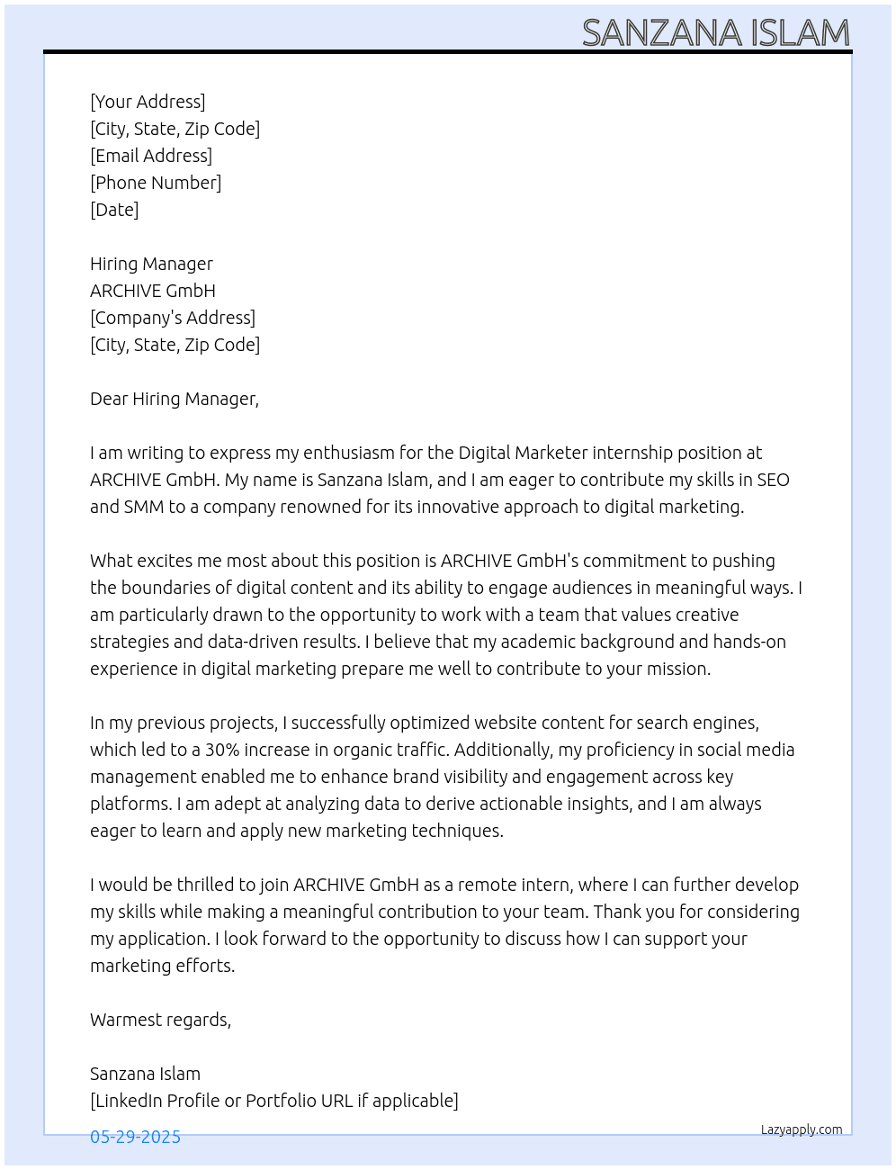 Digital Marketer  At ARCHIVE GmbH Cover Letter