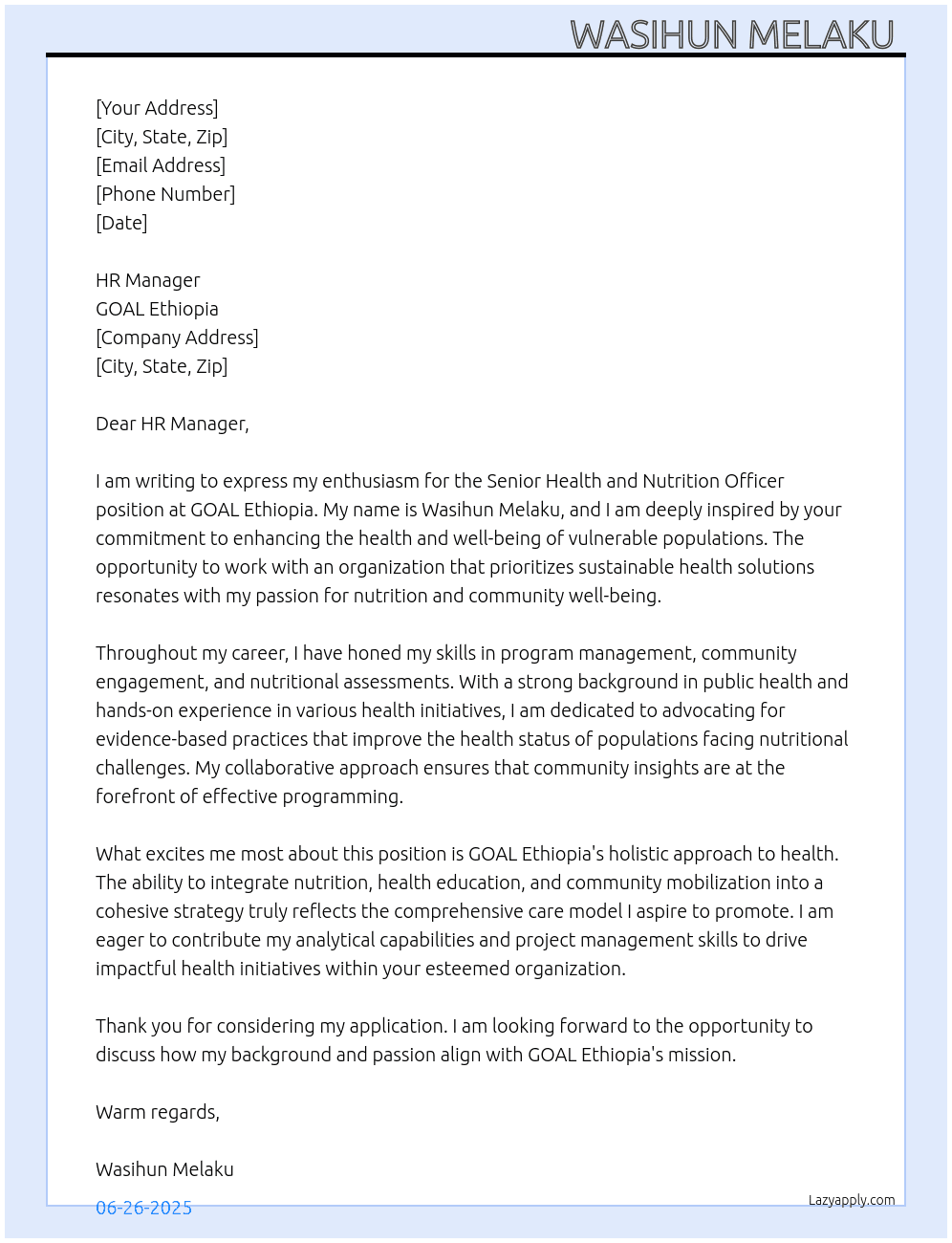 Senior health and Nutrition officer  At GOAL Ethiopia  Cover Letter